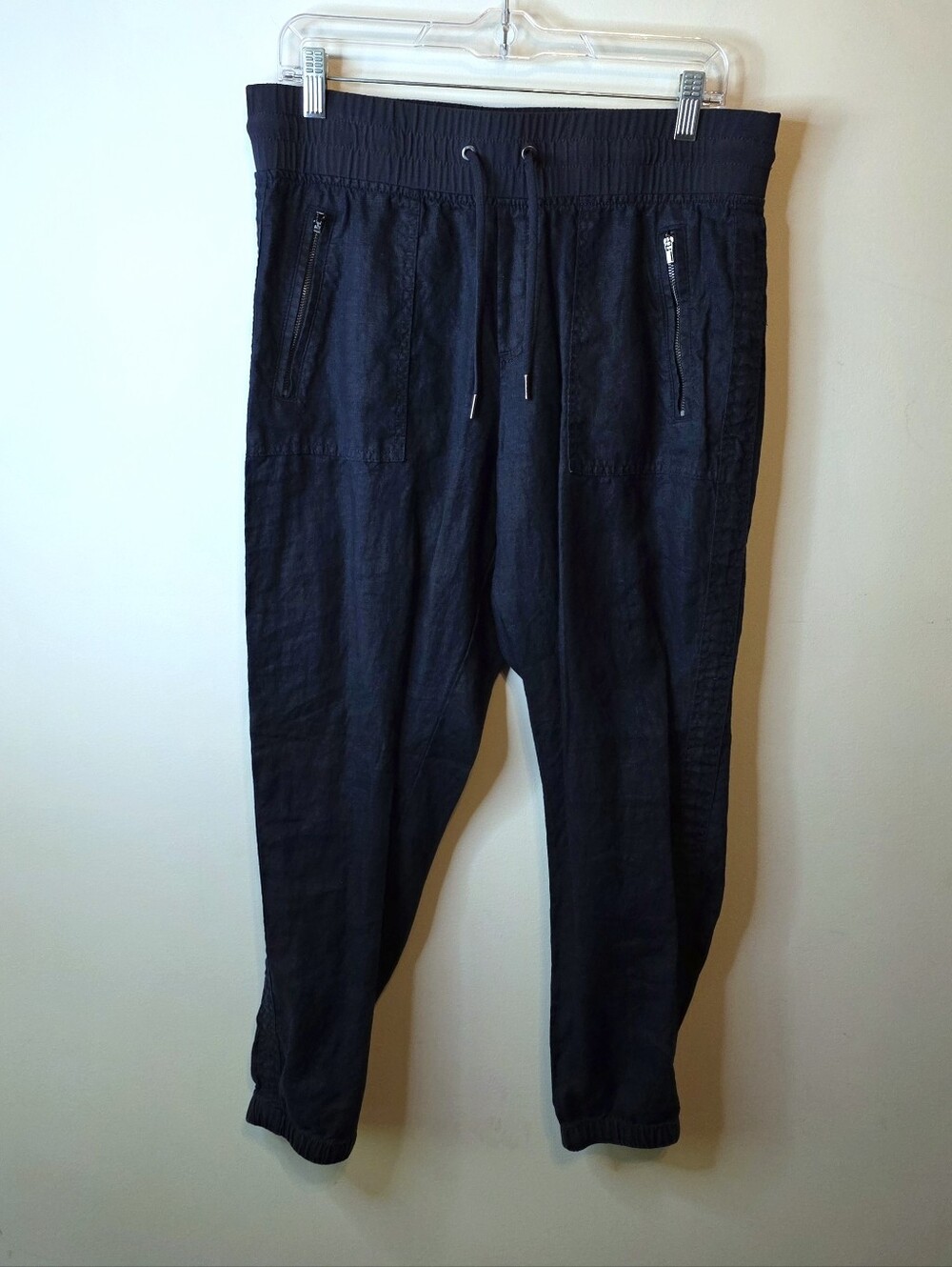 Athleta Cabo Linen Jogger Pants Zip Pockets Size 10 Navy Blue Resort Wear Beach